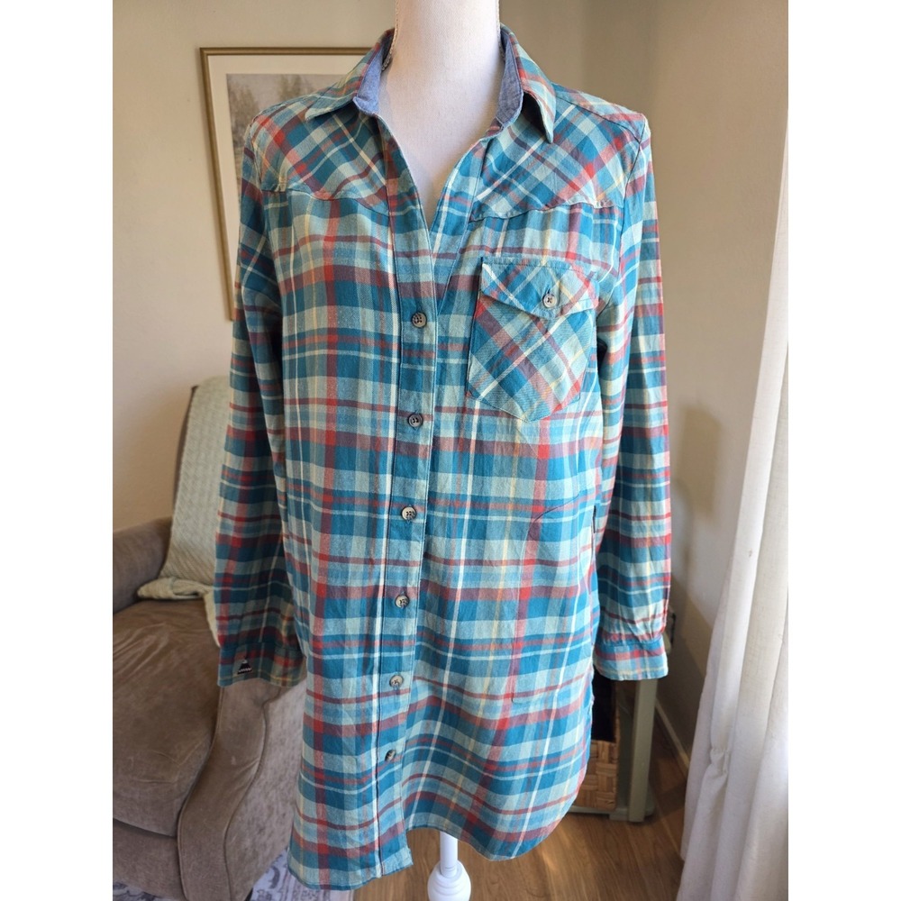 Tasha Polizzi Flannel Shirt Large Green Plaid Long Lagenlook Oversized Pockets